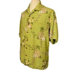 Tommy Bahama Men Silk Green Hawaiian Camp Shirt Floral Guitar Print S/S L Casual